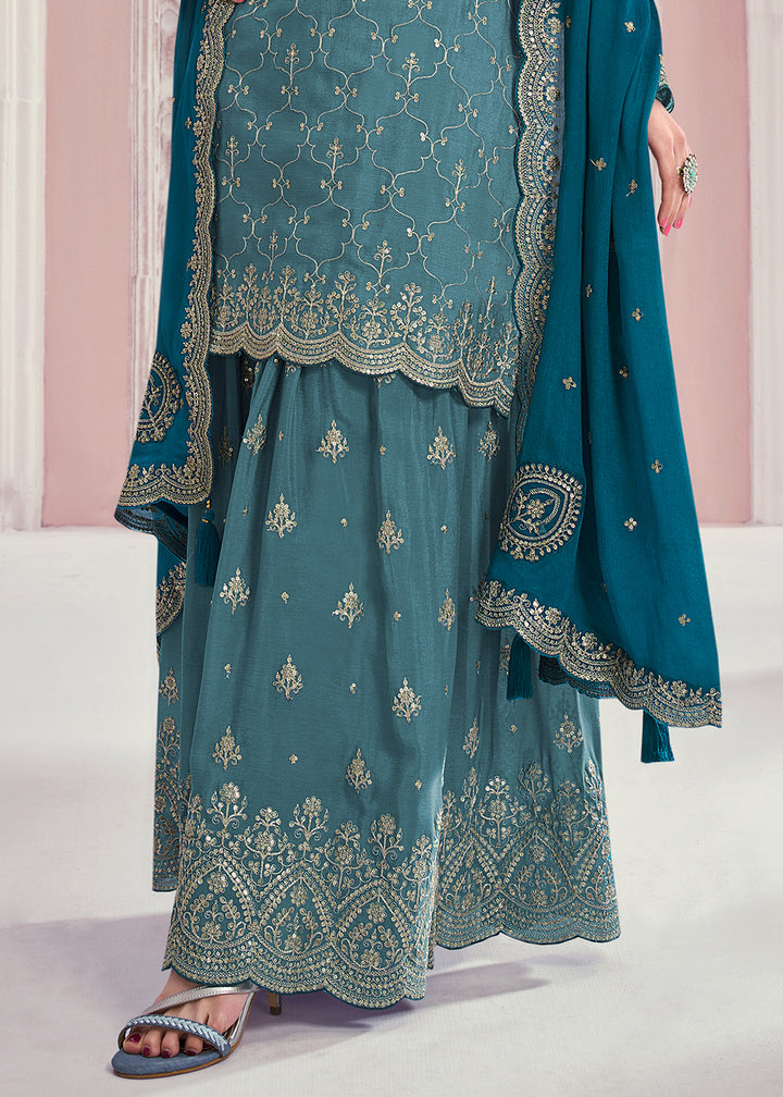 Shades Of Blue Palazzo Suit Crafted in Chinon Silk with Embroidery Work