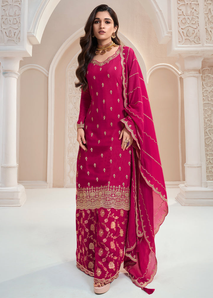 Magenta Pink Palazzo Suit Crafted in Chinon Silk with Embroidery Work