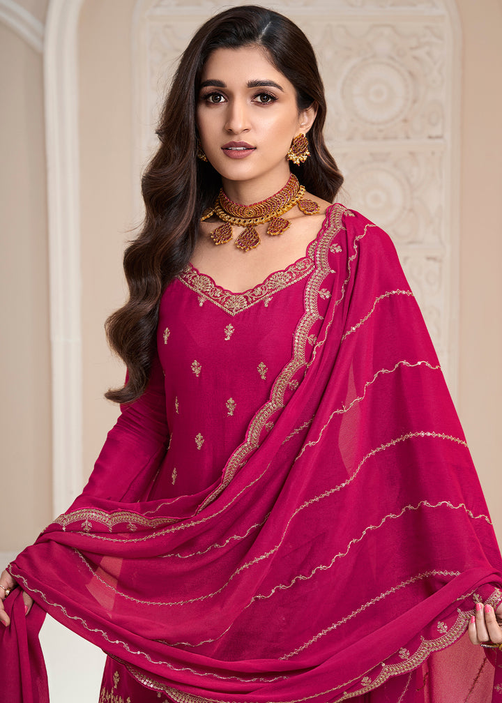 Magenta Pink Palazzo Suit Crafted in Chinon Silk with Embroidery Work