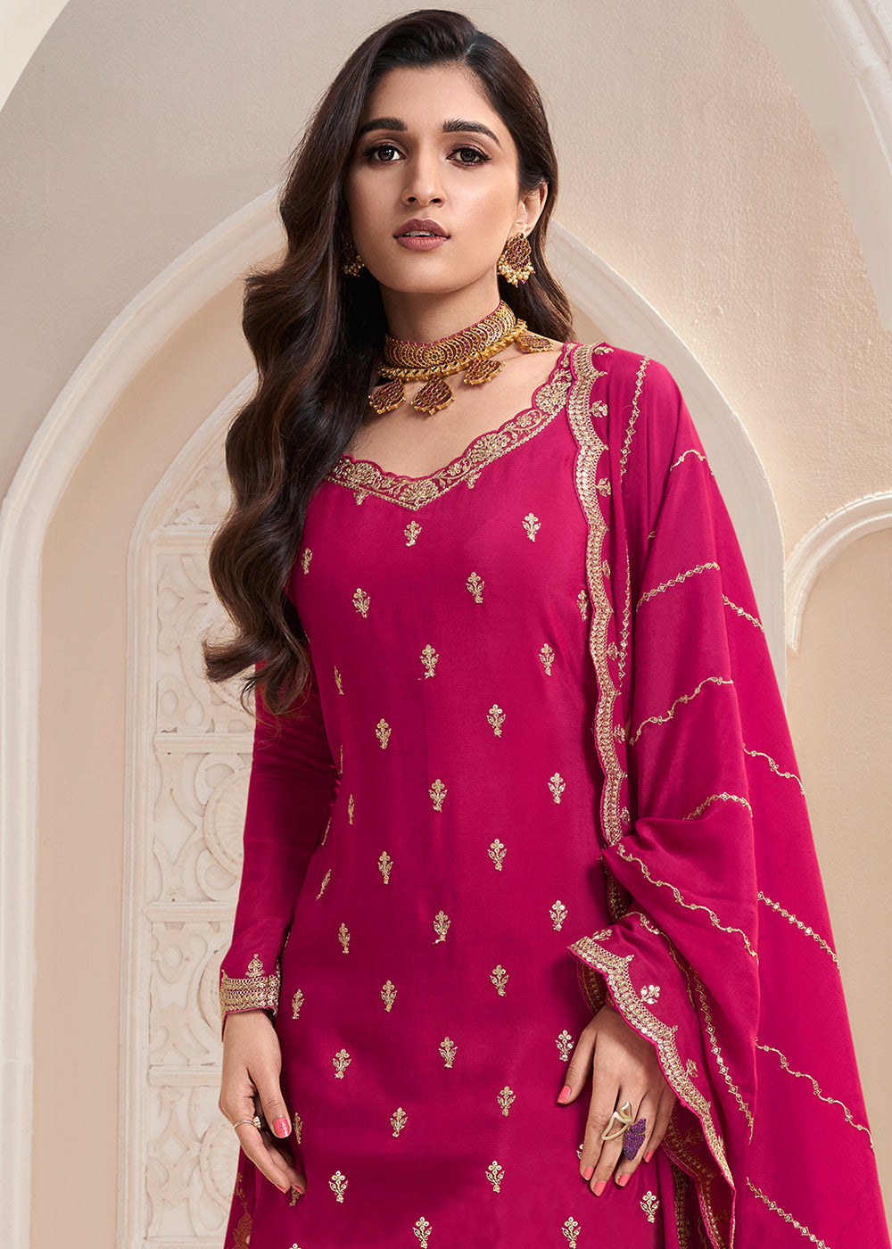 Magenta Pink Palazzo Suit Crafted in Chinon Silk with Embroidery Work