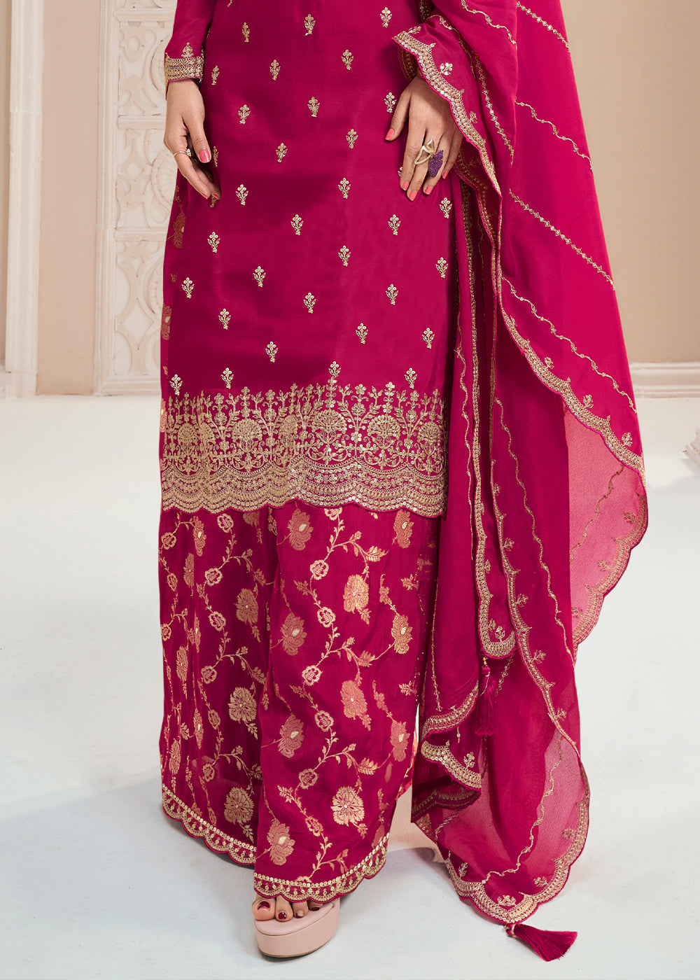 Magenta Pink Palazzo Suit Crafted in Chinon Silk with Embroidery Work