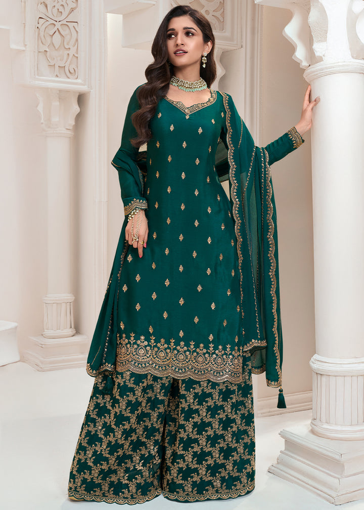 Dark Teal Green Palazzo Suit Crafted in Chinon Silk with Embroidery Work