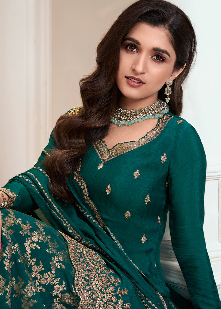 Dark Teal Green Palazzo Suit Crafted in Chinon Silk with Embroidery Work