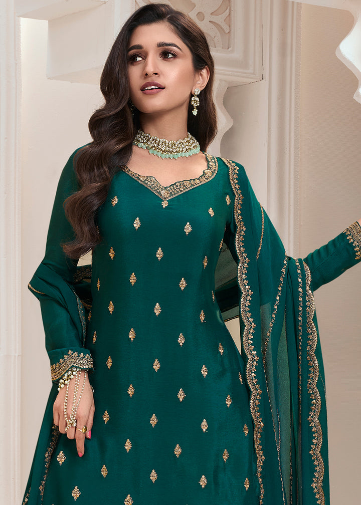 Dark Teal Green Palazzo Suit Crafted in Chinon Silk with Embroidery Work