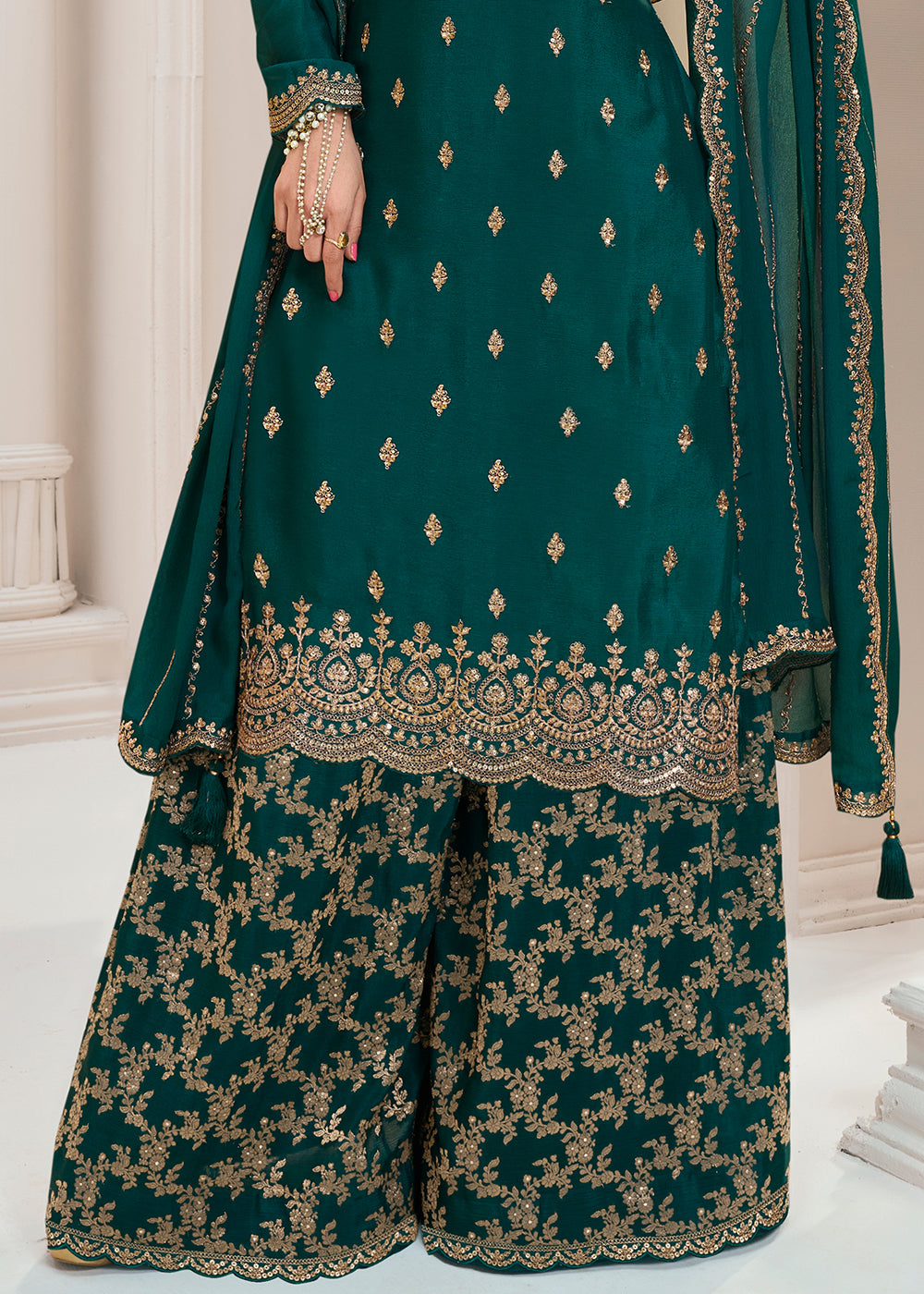 Dark Teal Green Palazzo Suit Crafted in Chinon Silk with Embroidery Work