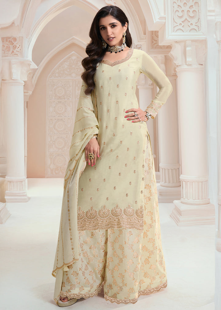 Cream White Palazzo Suit Crafted in Chinon Silk with Embroidery Work