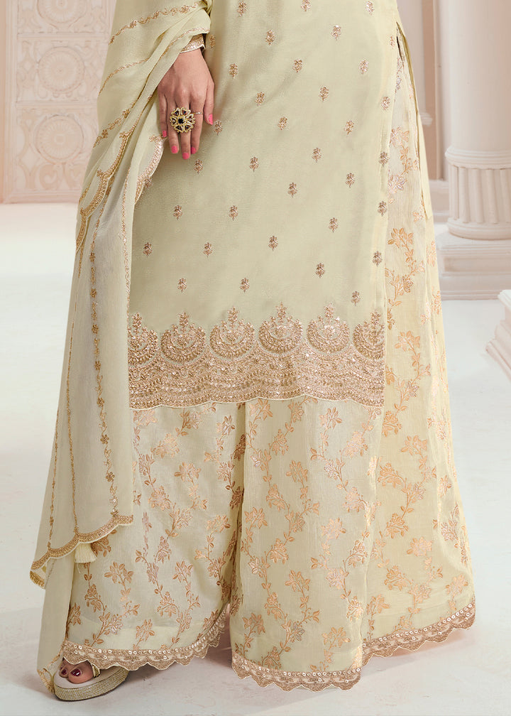 Cream White Palazzo Suit Crafted in Chinon Silk with Embroidery Work