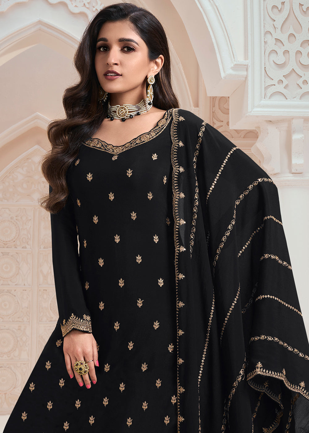 Midnight Black Palazzo Suit Crafted in Chinon Silk with Embroidery Work