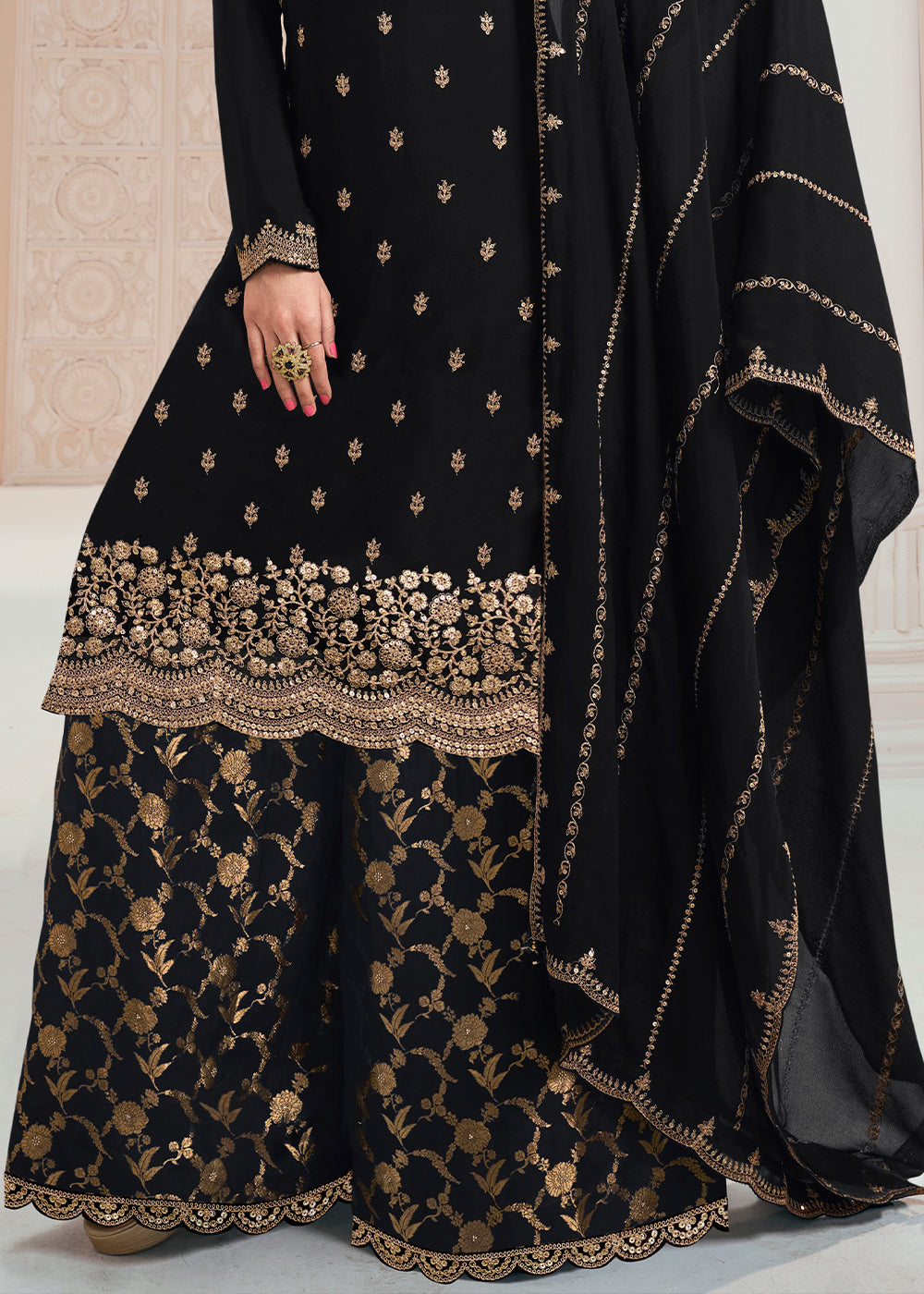 Midnight Black Palazzo Suit Crafted in Chinon Silk with Embroidery Work