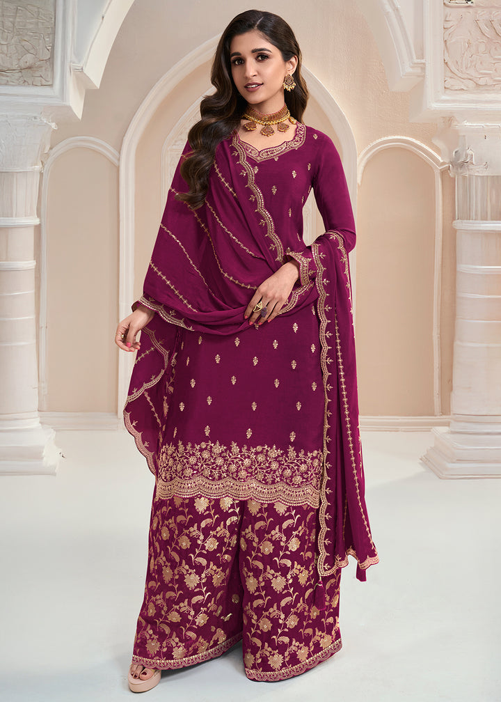 Lollipop Purple Palazzo Suit Crafted in Chinon Silk with Embroidery Work