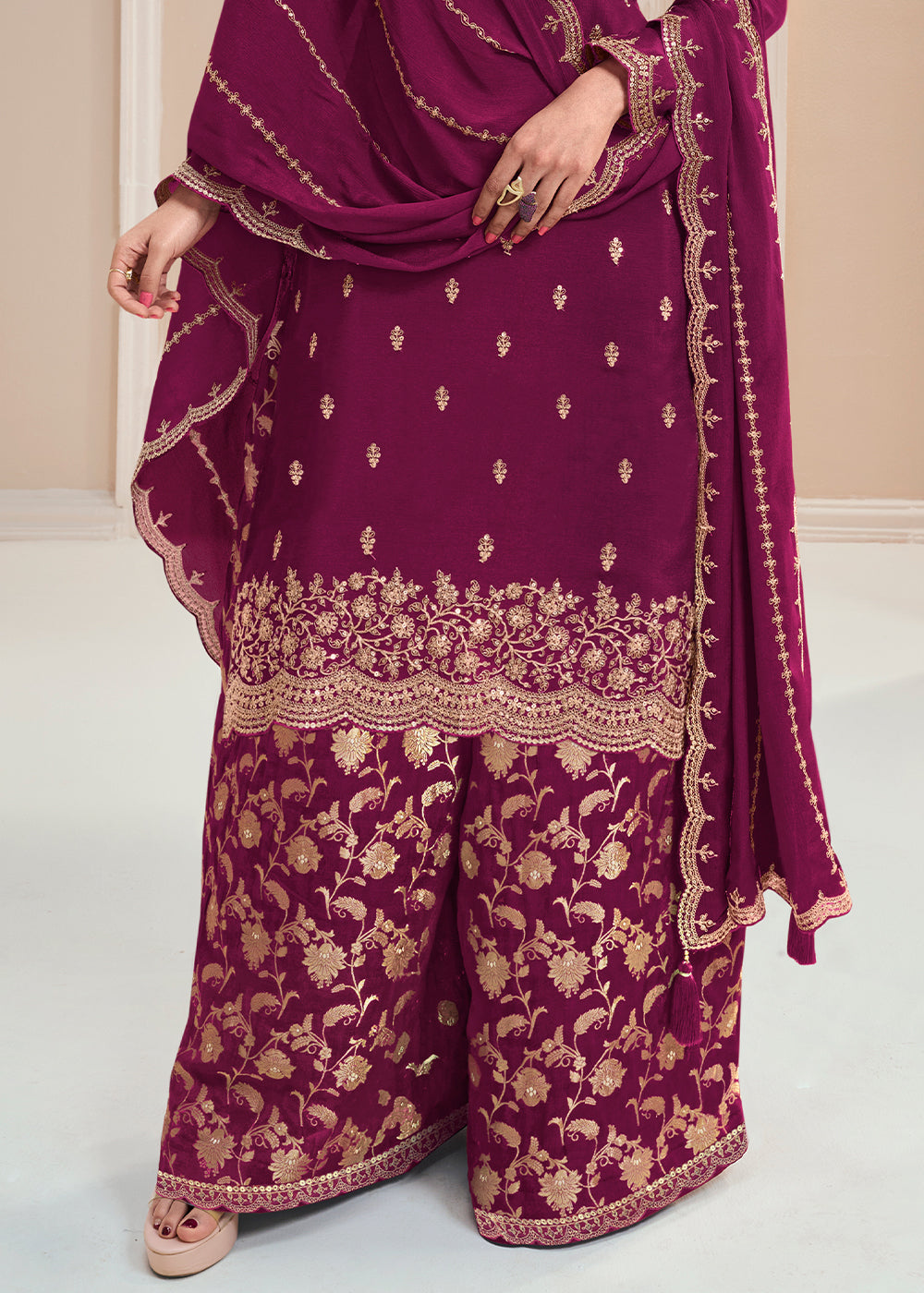 Lollipop Purple Palazzo Suit Crafted in Chinon Silk with Embroidery Work