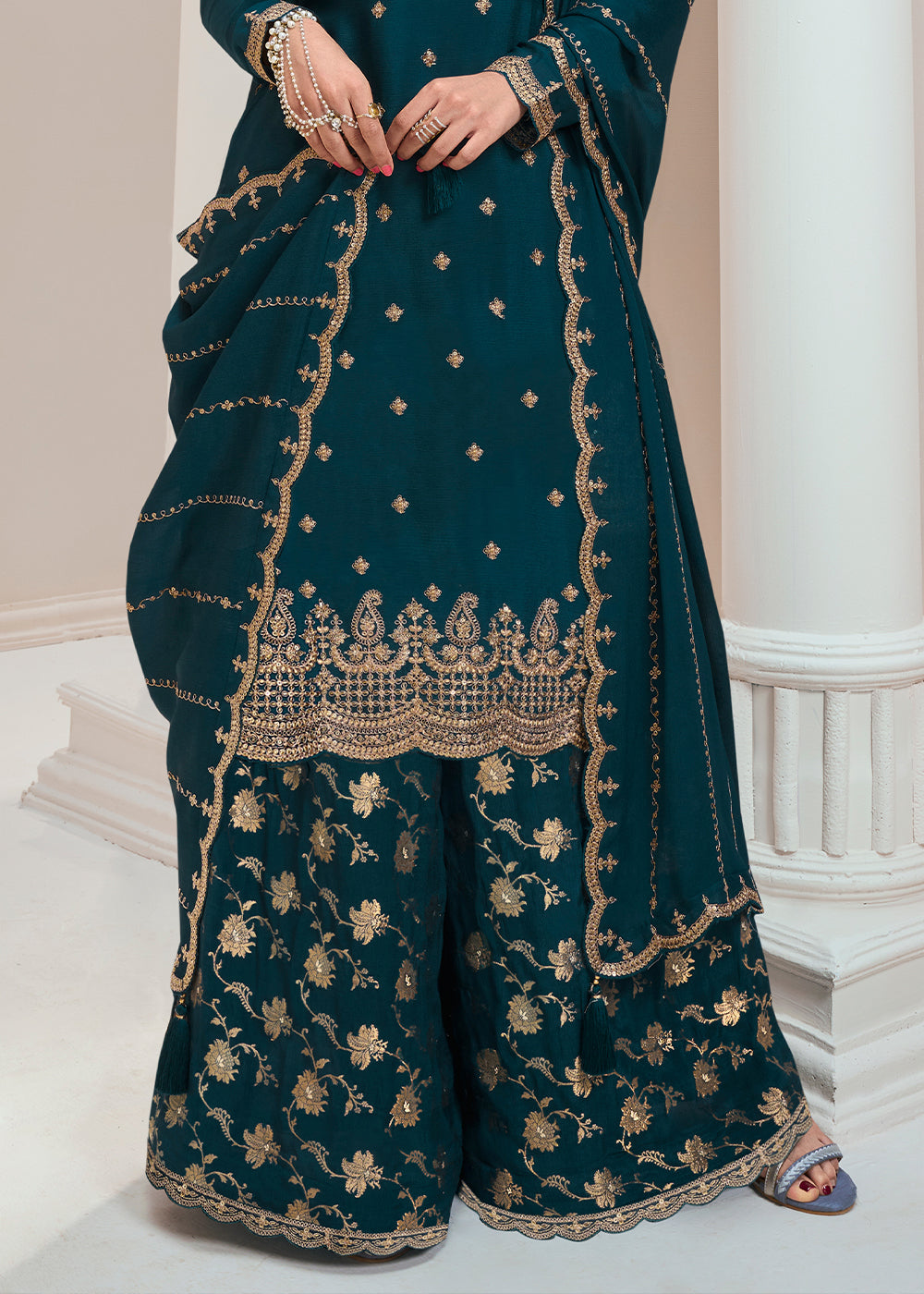 Prussian Blue Palazzo Suit Crafted in Chinon Silk with Embroidery Work