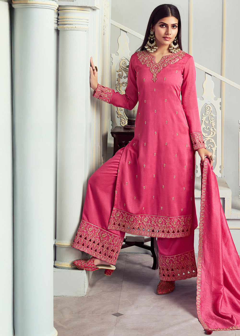 Georgette Silk Salwar Suit in Carmine Pink with Elegant Embroidery & Cut Work