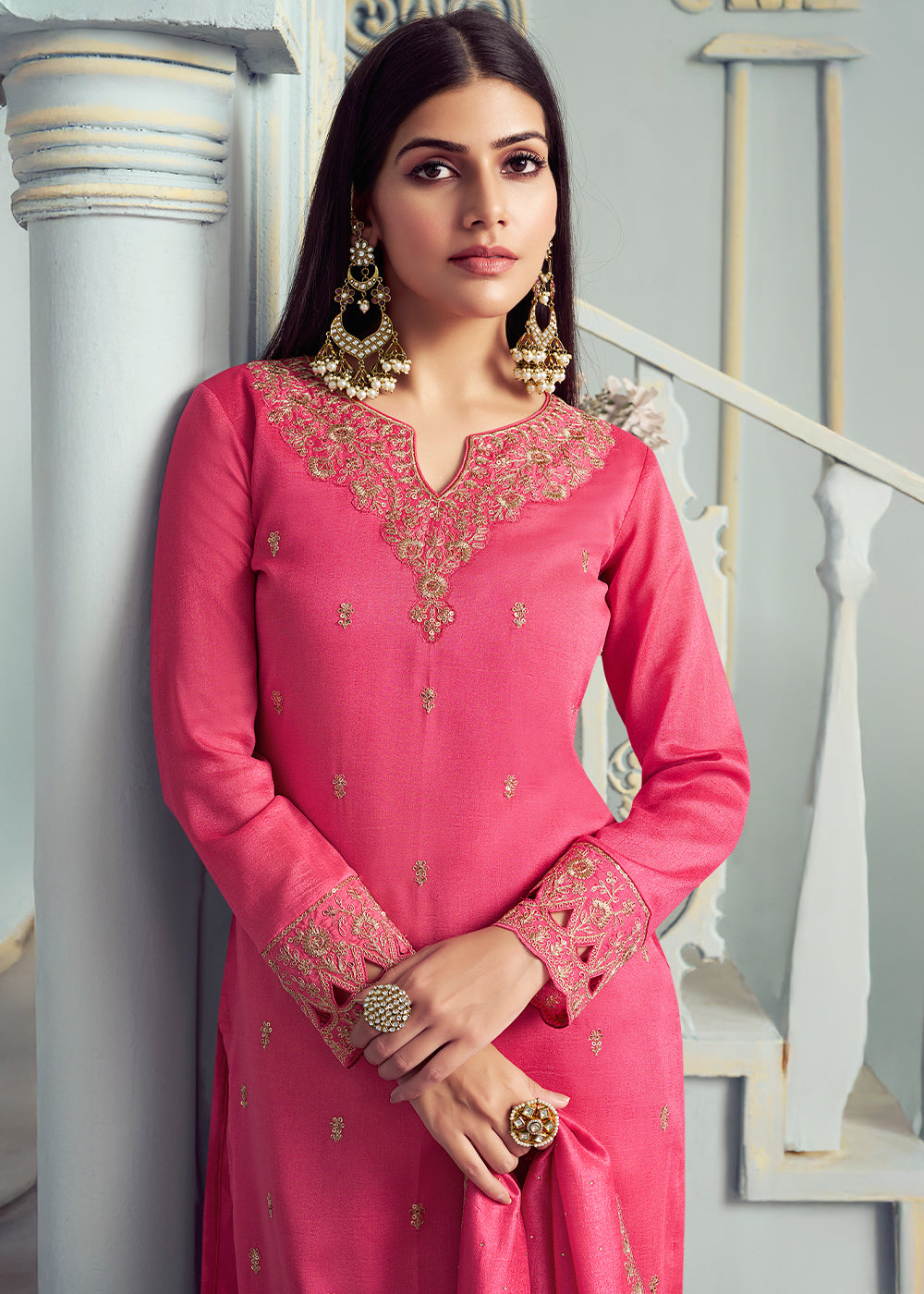 Georgette Silk Salwar Suit in Carmine Pink with Elegant Embroidery & Cut Work