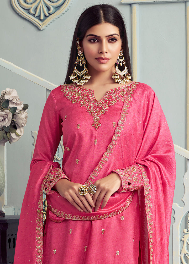 Georgette Silk Salwar Suit in Carmine Pink with Elegant Embroidery & Cut Work