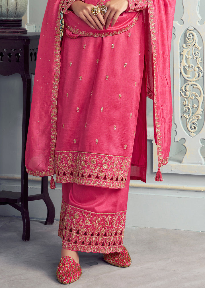 Georgette Silk Salwar Suit in Carmine Pink with Elegant Embroidery & Cut Work