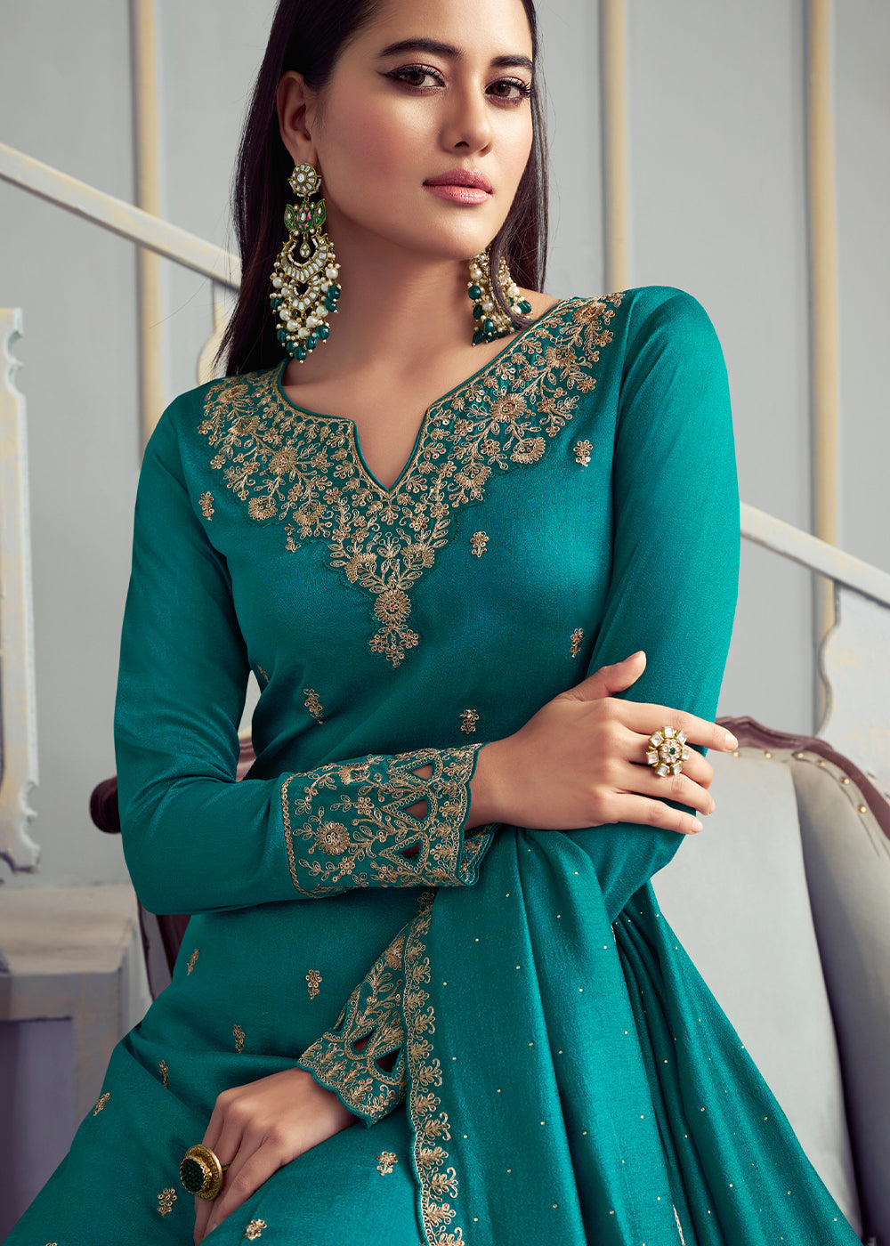 Georgette Silk Salwar Suit in Cerulean Blue with Elegant Embroidery & Cut Work