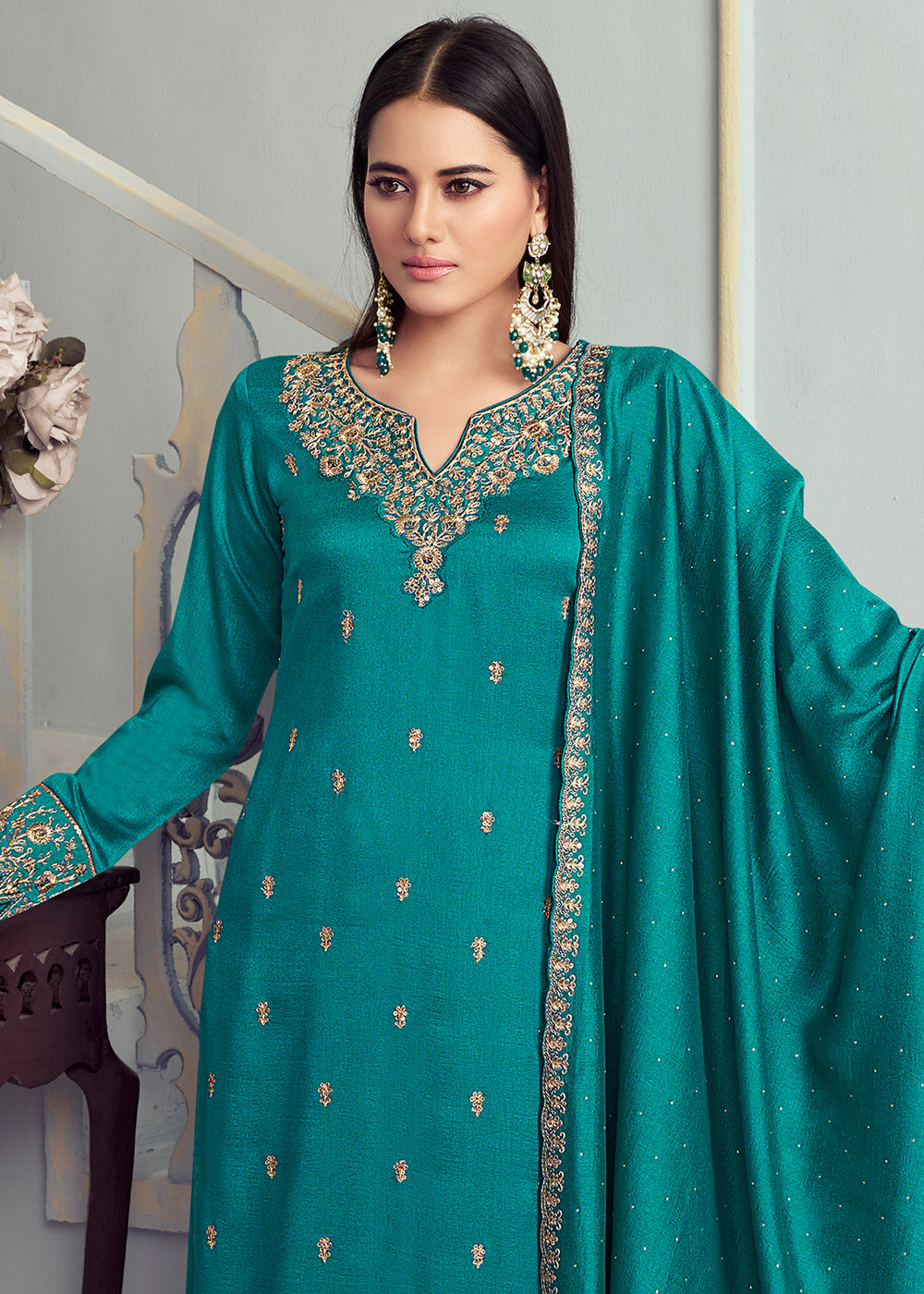 Georgette Silk Salwar Suit in Cerulean Blue with Elegant Embroidery & Cut Work