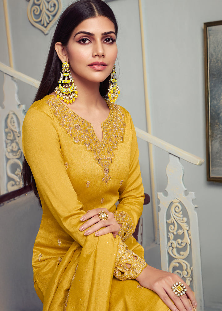 Georgette Silk Salwar Suit in Saffron Yellow with Elegant Embroidery & Cut Work