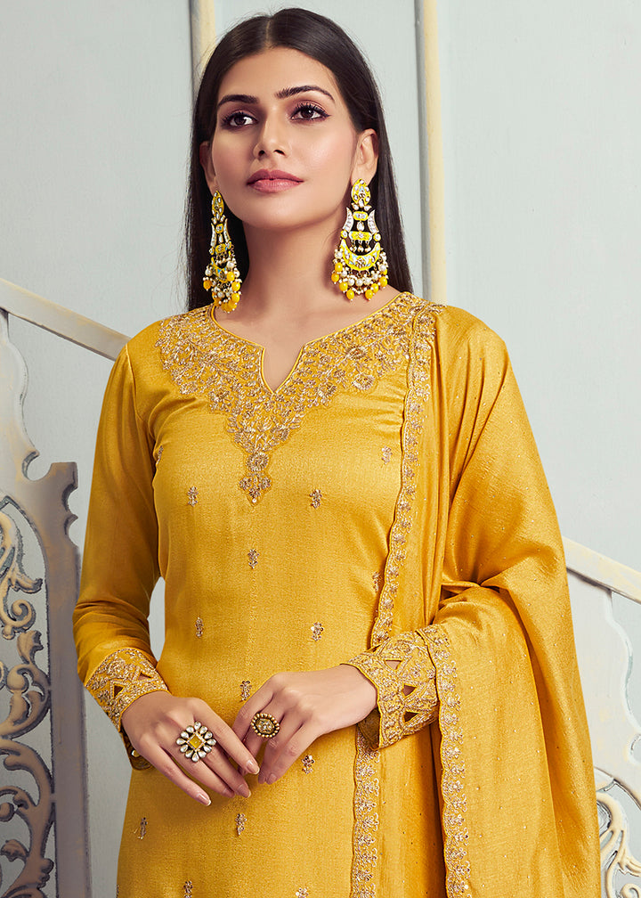 Georgette Silk Salwar Suit in Saffron Yellow with Elegant Embroidery & Cut Work