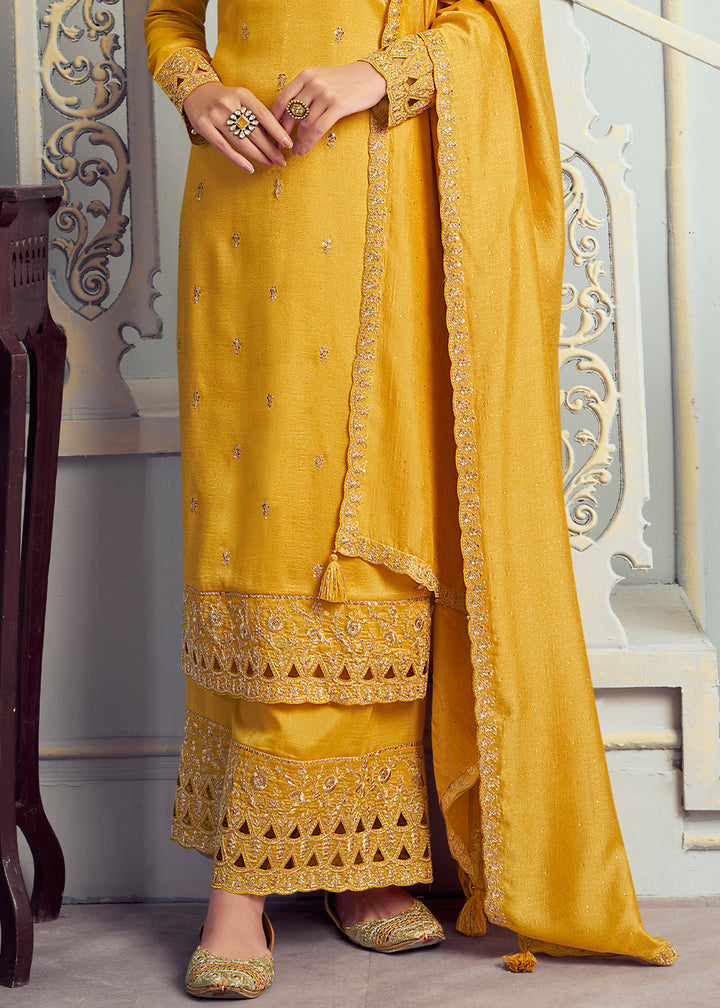 Georgette Silk Salwar Suit in Saffron Yellow with Elegant Embroidery & Cut Work