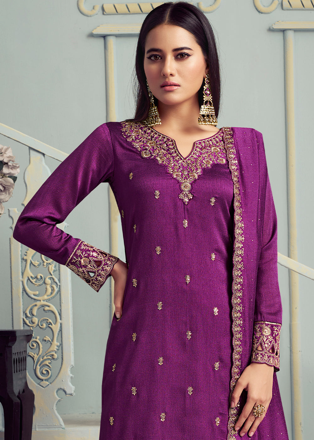 Georgette Silk Salwar Suit in Byzantine Purple with Elegant Embroidery & Cut Work