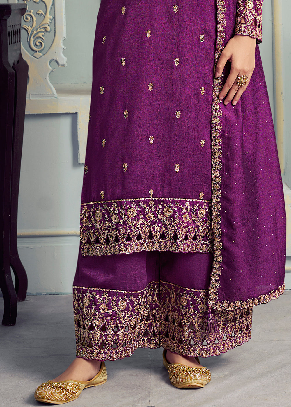 Georgette Silk Salwar Suit in Byzantine Purple with Elegant Embroidery & Cut Work