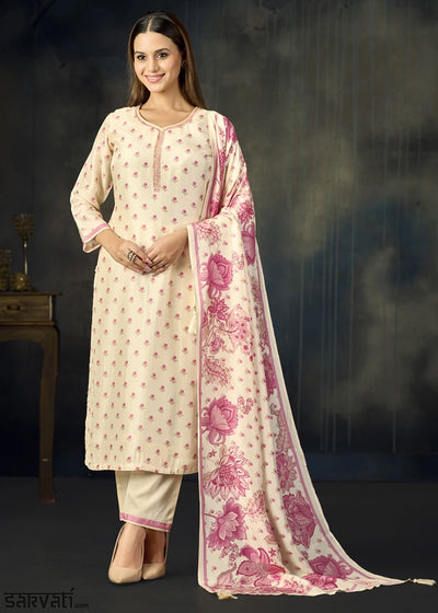 Cream White Viscose Straight Kurta Set with Soft Floral Print: Summer Edit