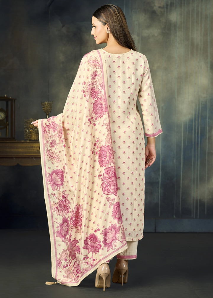 Cream White Viscose Straight Kurta Set with Soft Floral Print: Summer Edit