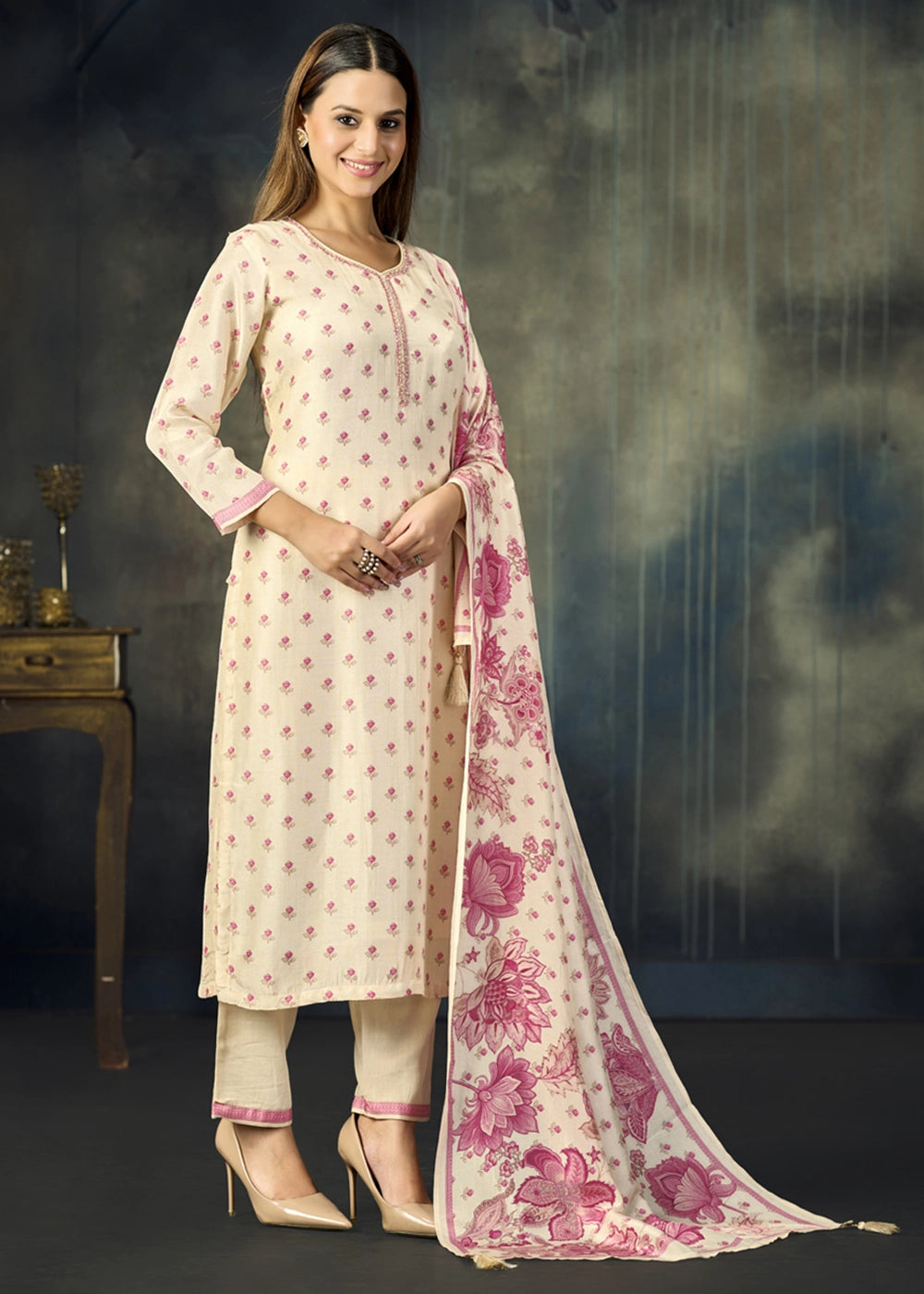 Cream White Viscose Straight Kurta Set with Soft Floral Print: Summer Edit