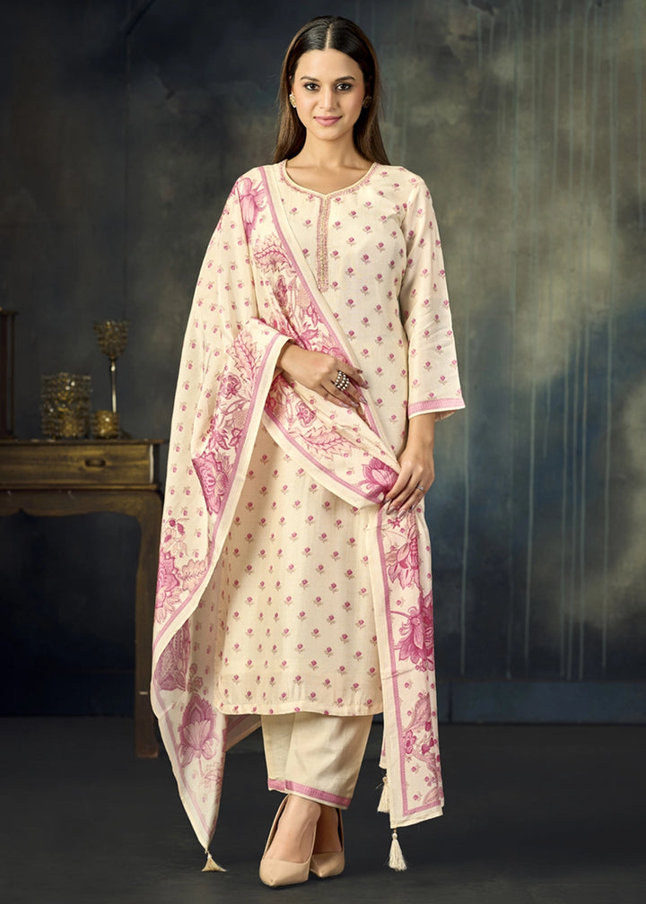 Cream White Viscose Straight Kurta Set with Soft Floral Print: Summer Edit