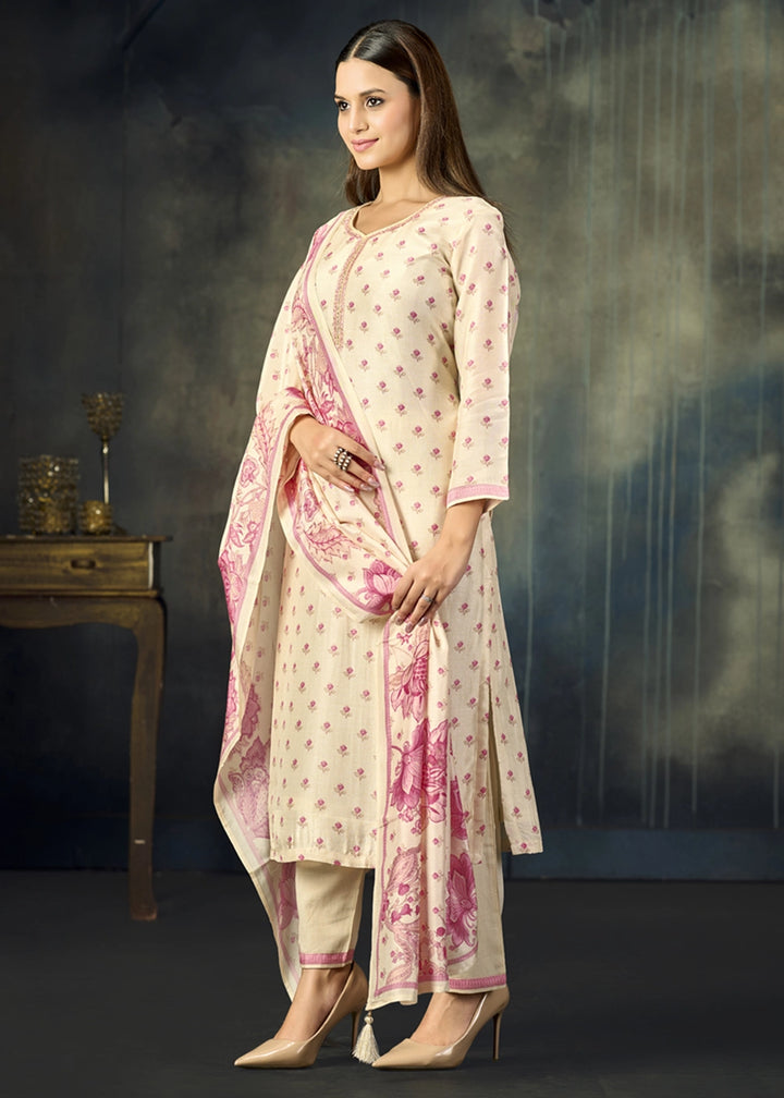 Cream White Viscose Straight Kurta Set with Soft Floral Print: Summer Edit