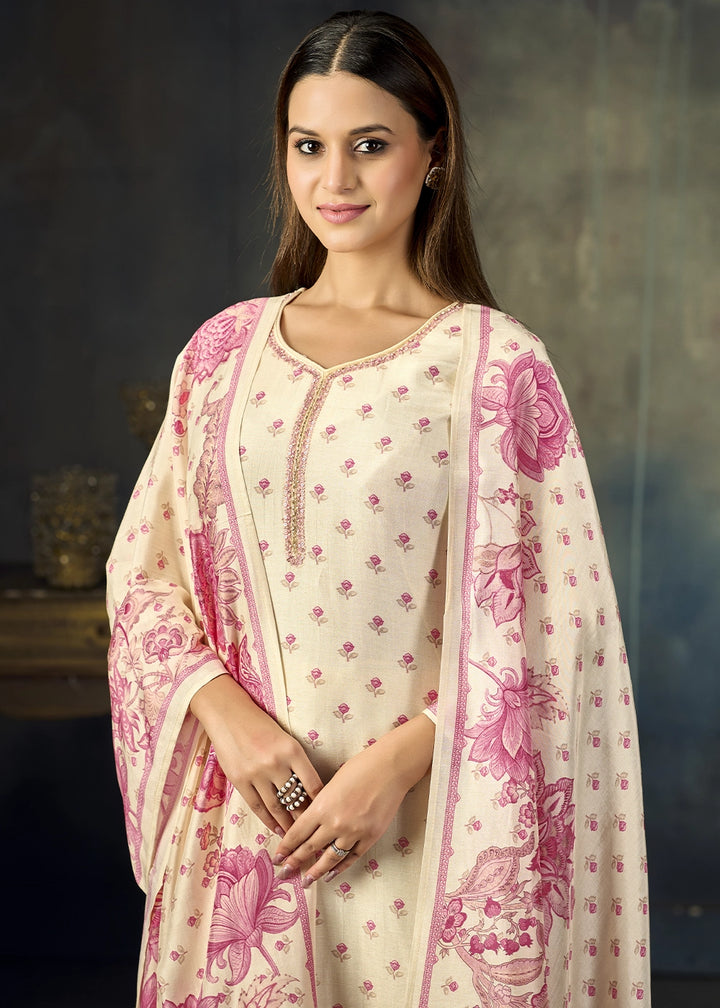 Cream White Viscose Straight Kurta Set with Soft Floral Print: Summer Edit