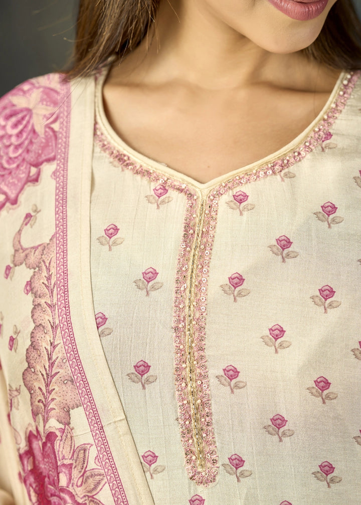 Cream White Viscose Straight Kurta Set with Soft Floral Print: Summer Edit