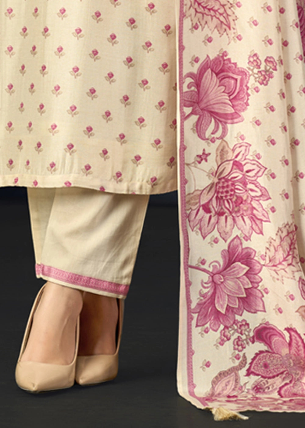 Cream White Viscose Straight Kurta Set with Soft Floral Print: Summer Edit