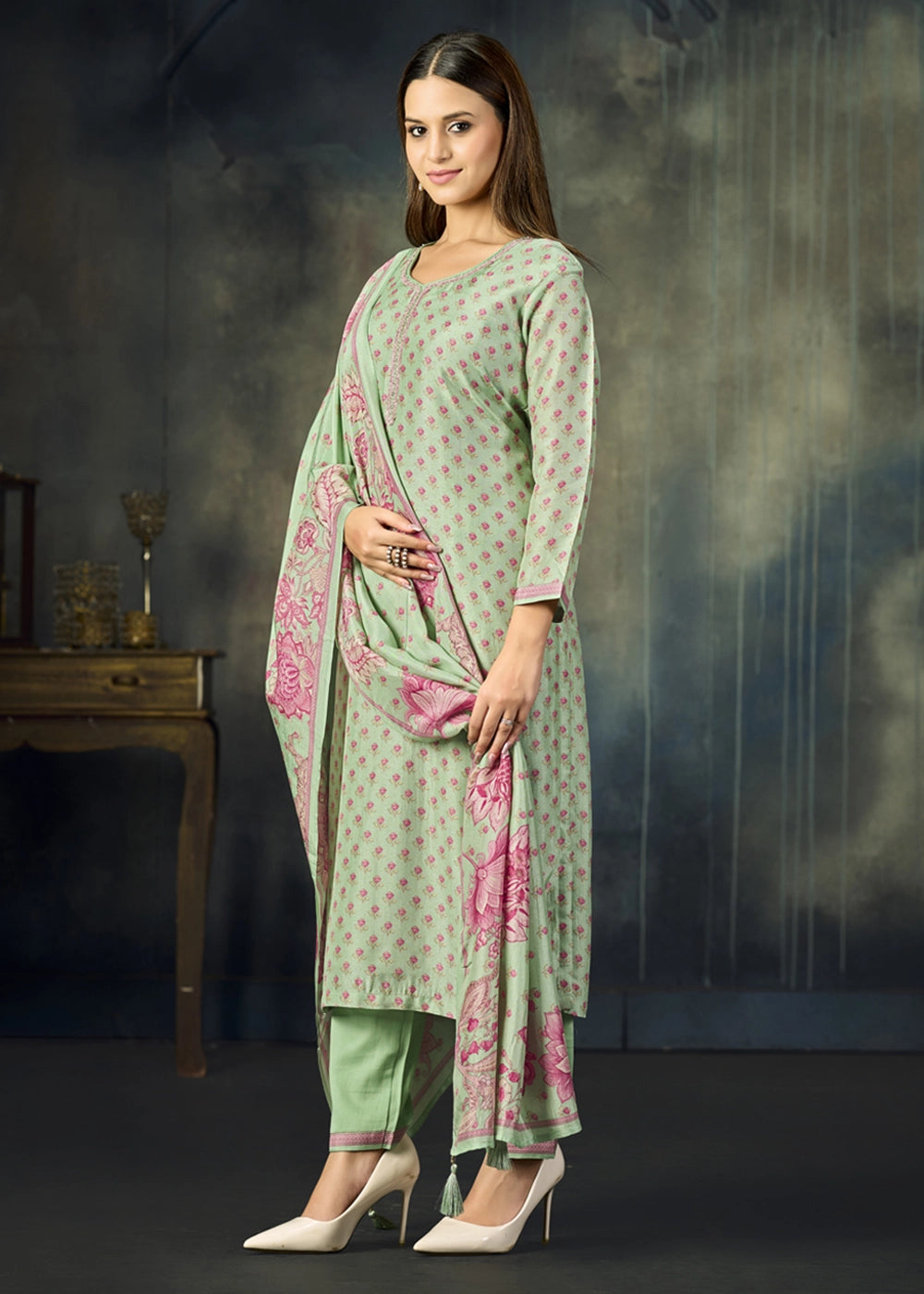 Pastel Green Viscose Straight Kurta Set with Soft Floral Print: Summer Edit