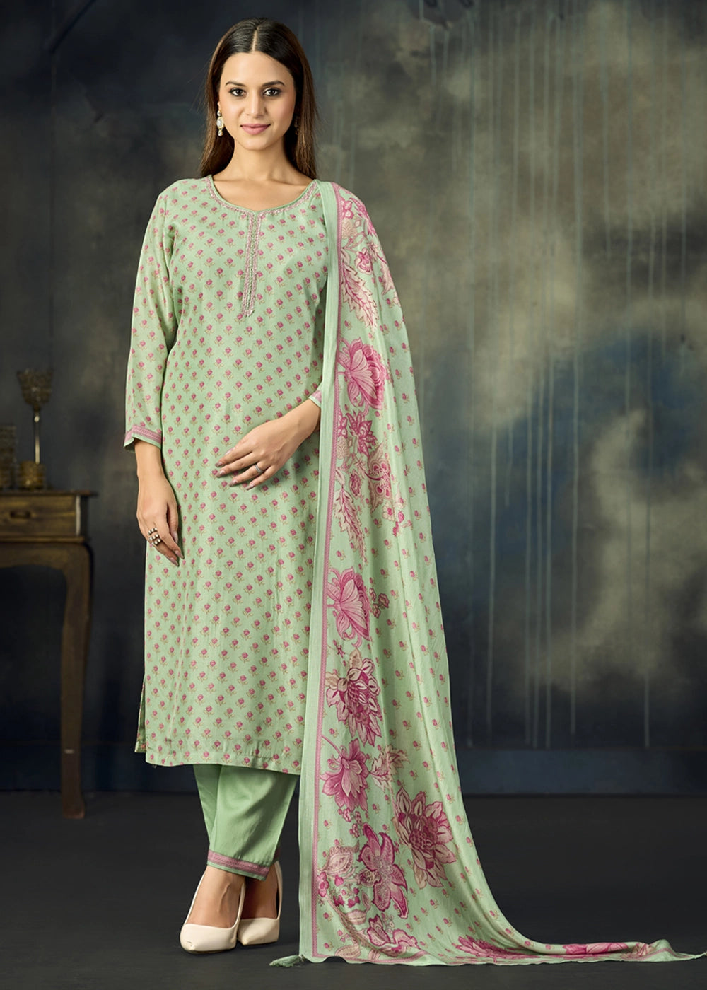 Pastel Green Viscose Straight Kurta Set with Soft Floral Print: Summer Edit