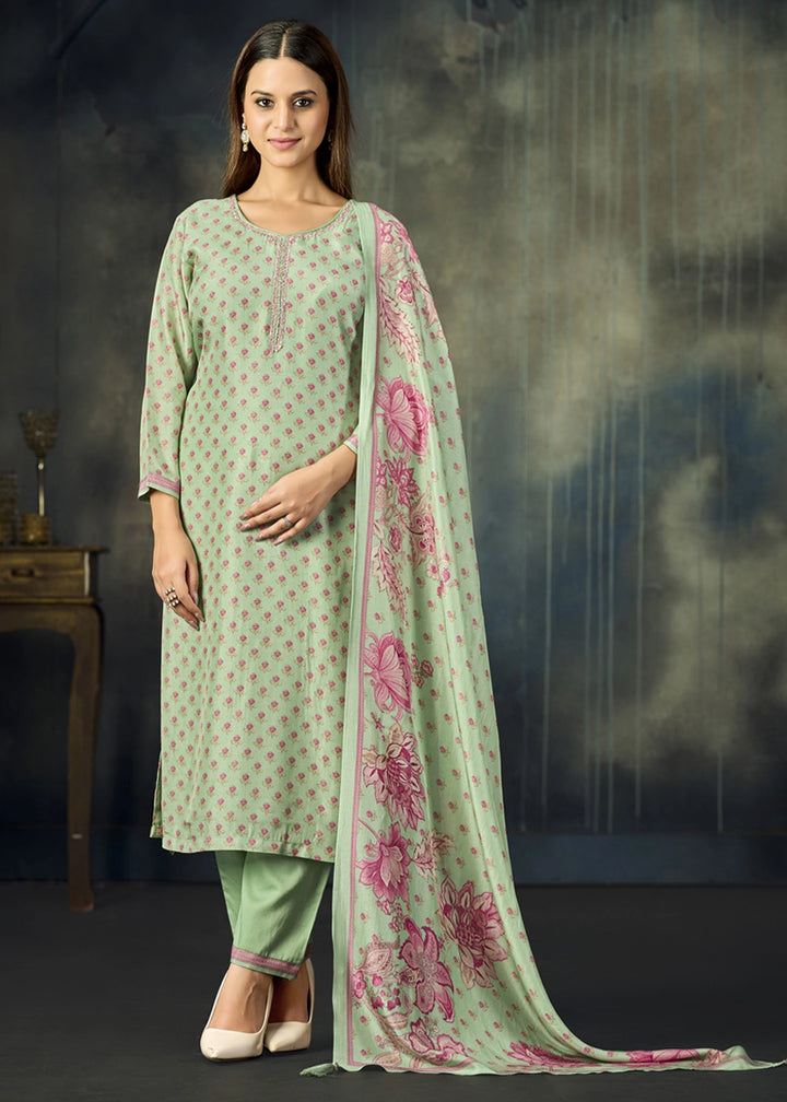 Pastel Green Viscose Straight Kurta Set with Soft Floral Print: Summer Edit
