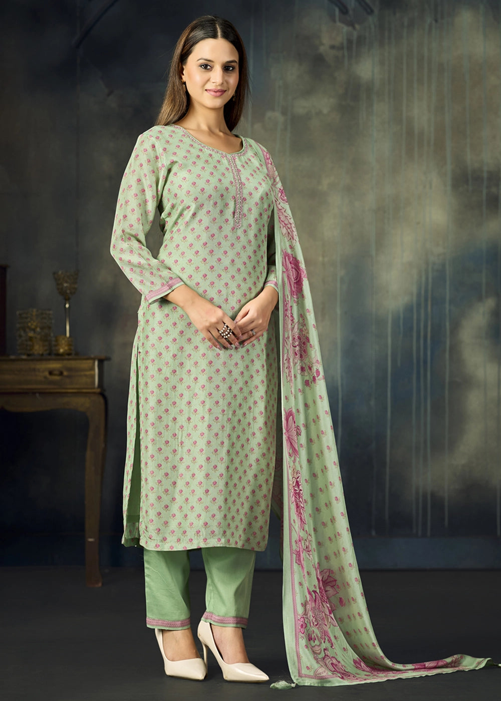 Pastel Green Viscose Straight Kurta Set with Soft Floral Print: Summer Edit