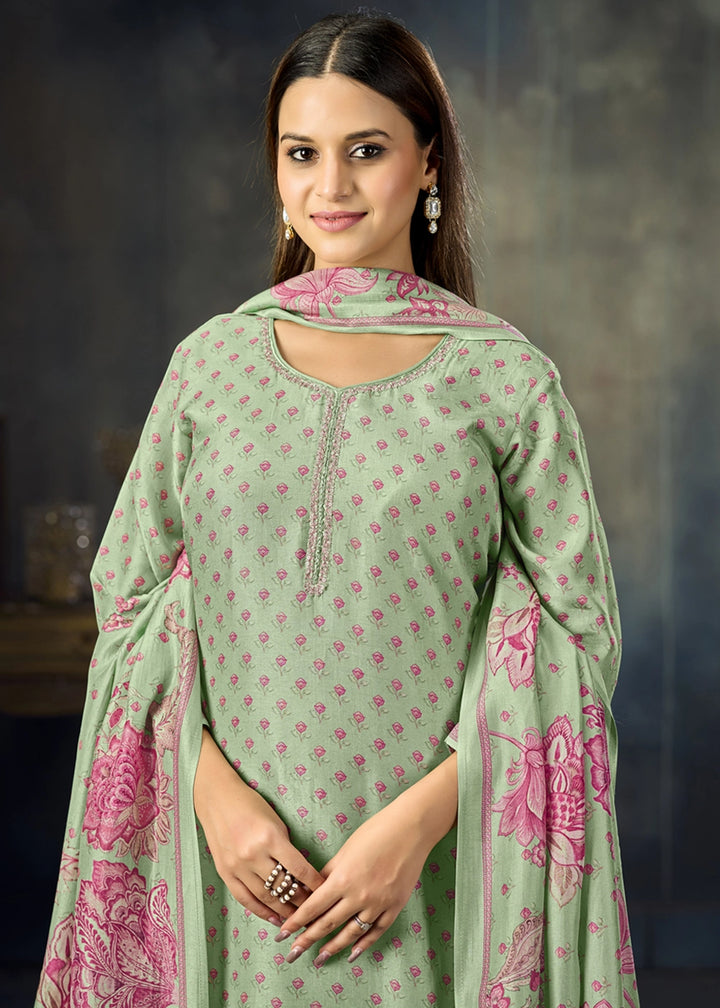 Pastel Green Viscose Straight Kurta Set with Soft Floral Print: Summer Edit