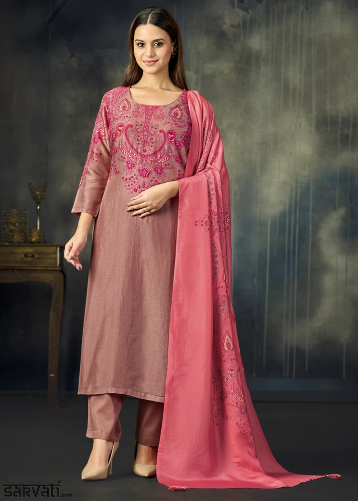 Brownish Purple Viscose Straight Kurta Set with Soft Prints: Summer Edit