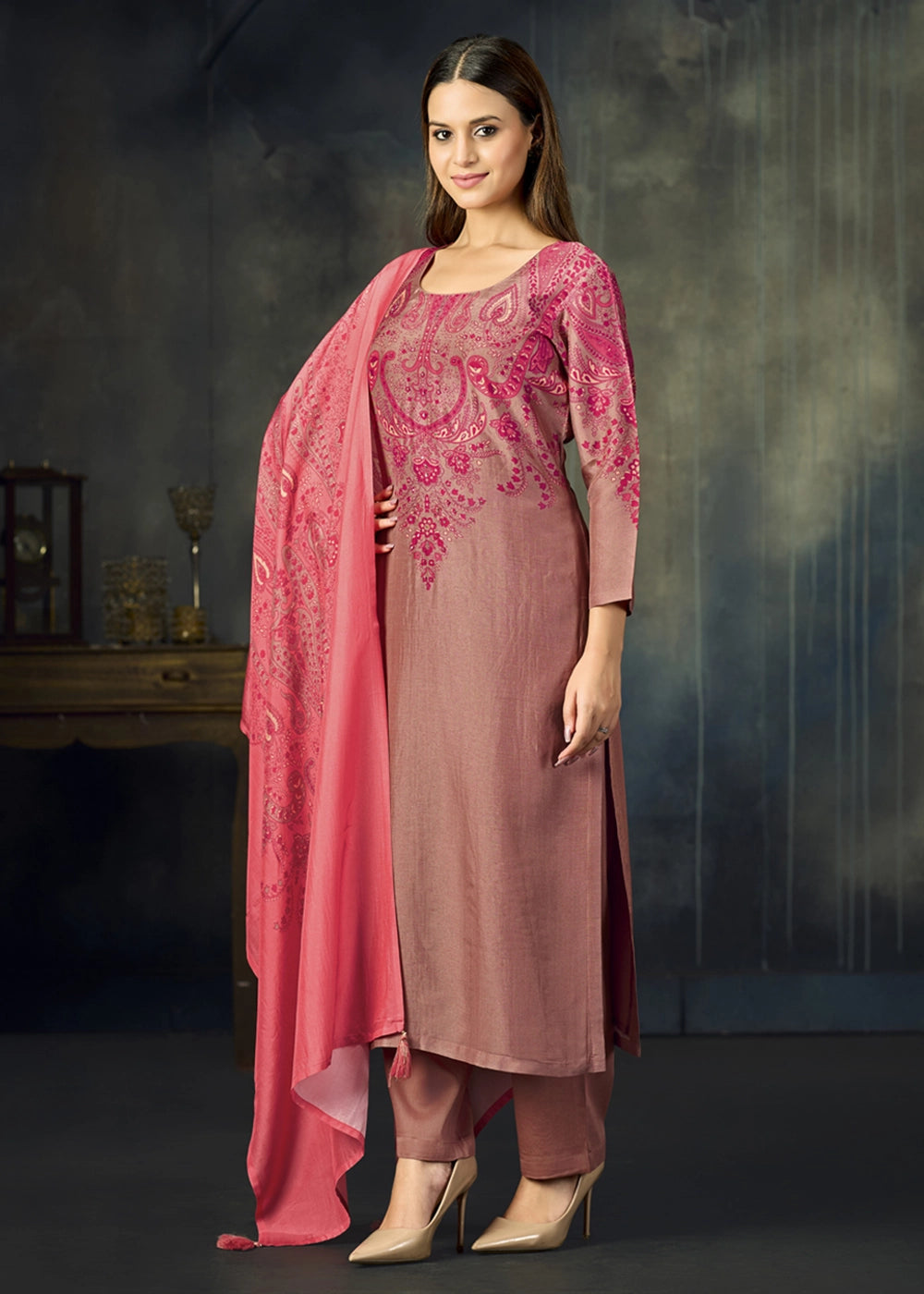 Brownish Purple Viscose Straight Kurta Set with Soft Prints: Summer Edit