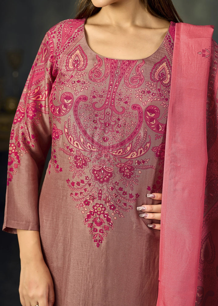 Brownish Purple Viscose Straight Kurta Set with Soft Prints: Summer Edit