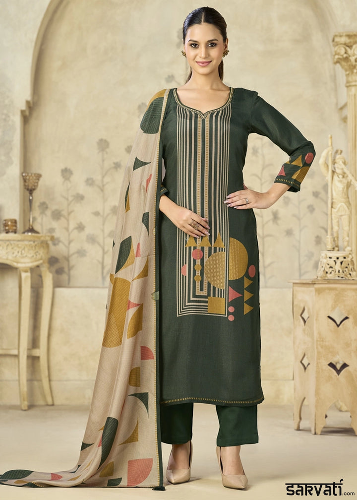 Juniper Green Viscose Straight Kurta Set with Geometrical Print: Summer Edit