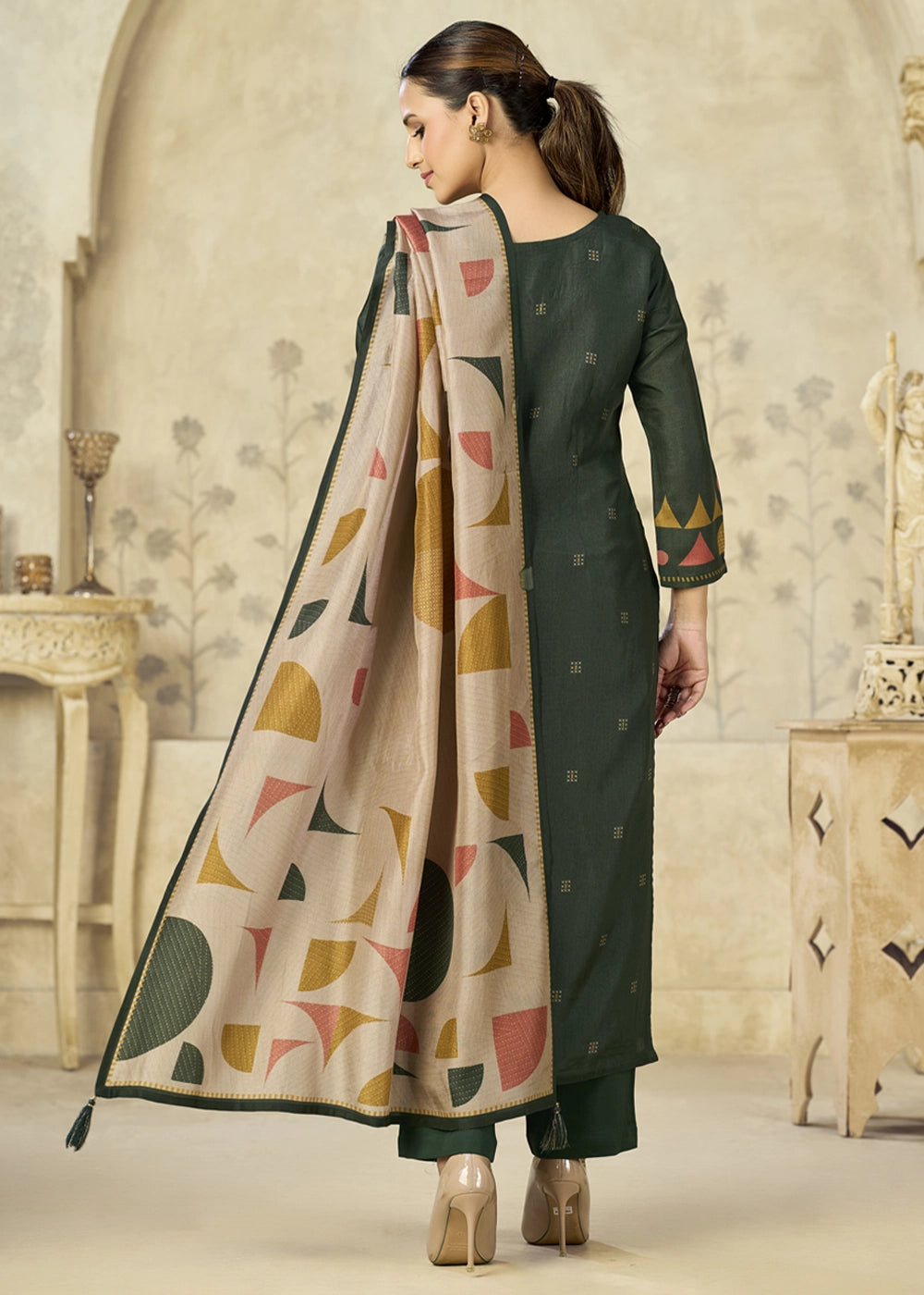 Juniper Green Viscose Straight Kurta Set with Geometrical Print: Summer Edit