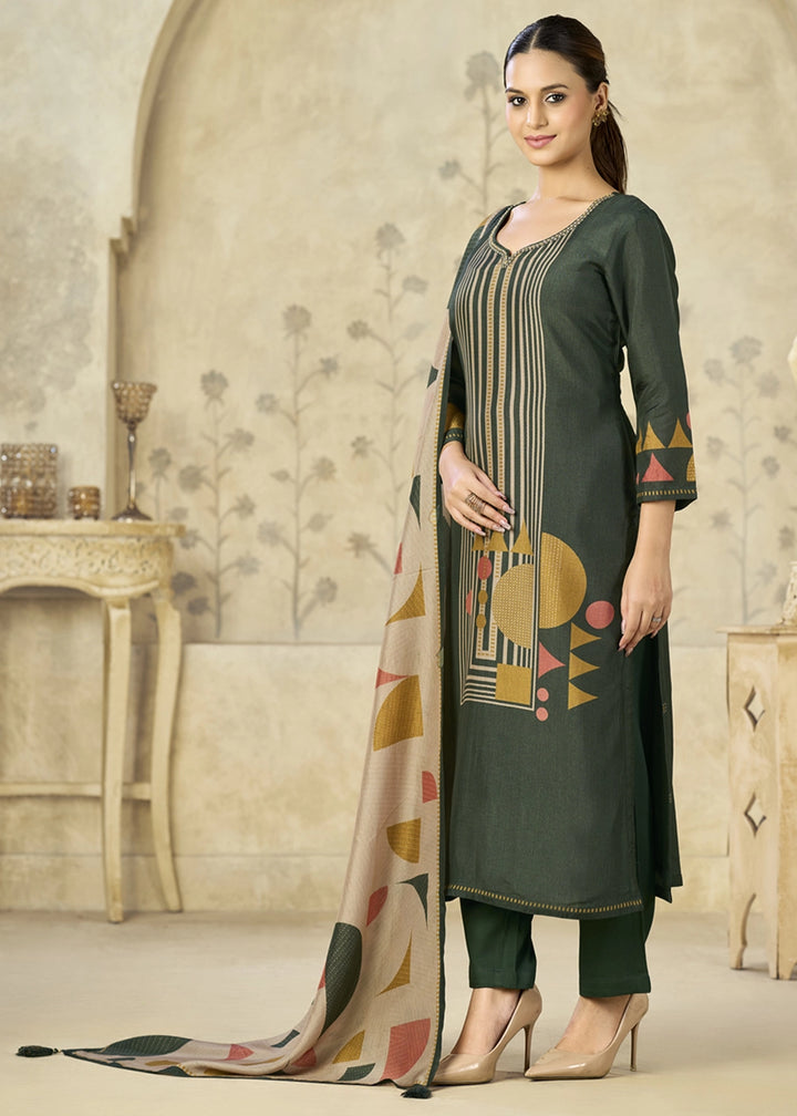 Juniper Green Viscose Straight Kurta Set with Geometrical Print: Summer Edit