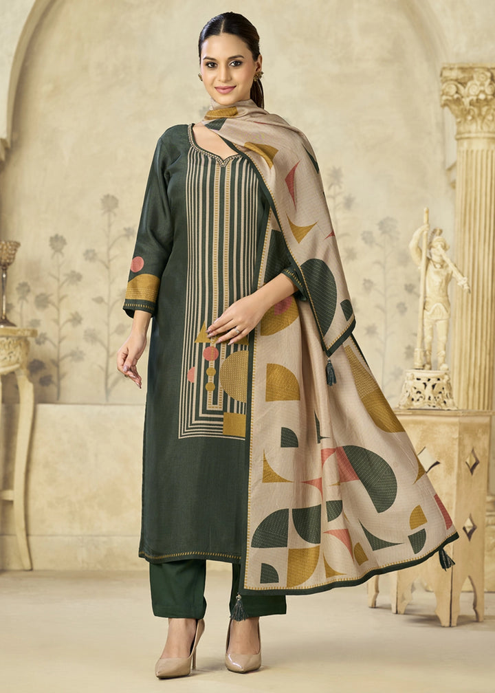 Juniper Green Viscose Straight Kurta Set with Geometrical Print: Summer Edit