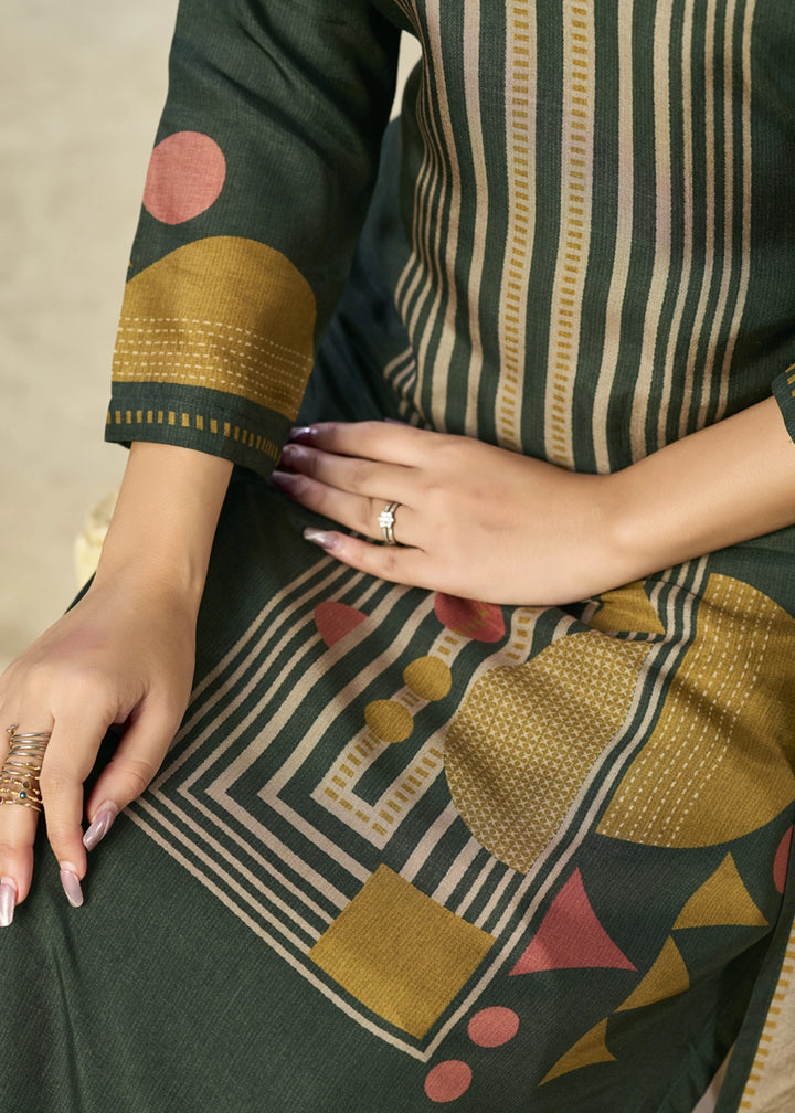 Juniper Green Viscose Straight Kurta Set with Geometrical Print: Summer Edit
