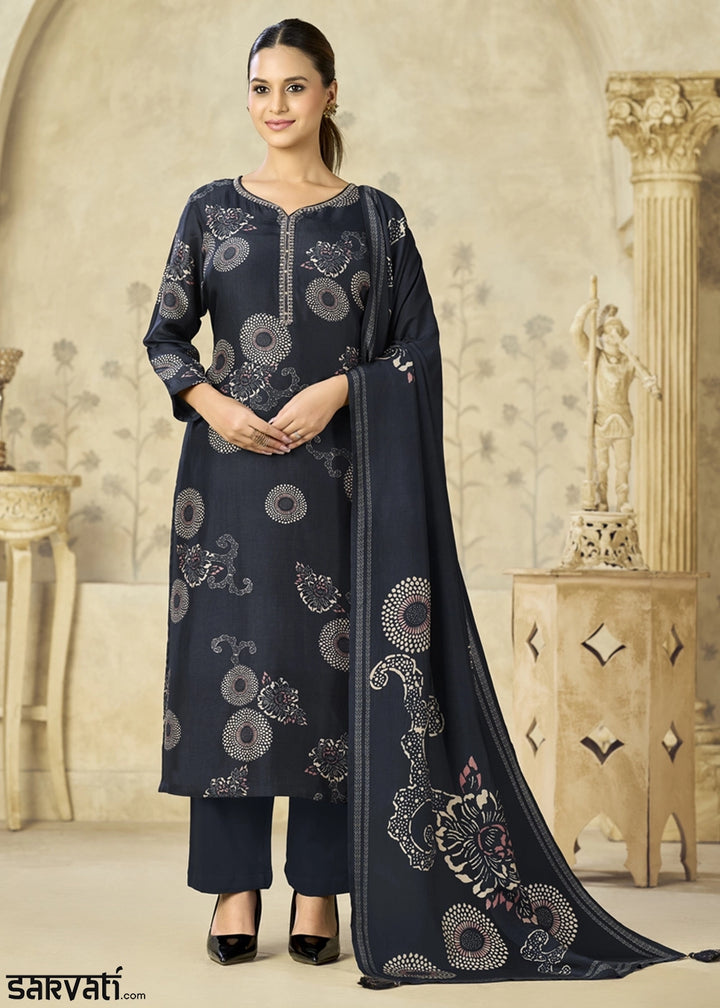 Space Blue Printed Viscose Straight Kurta Set : Summer Edit