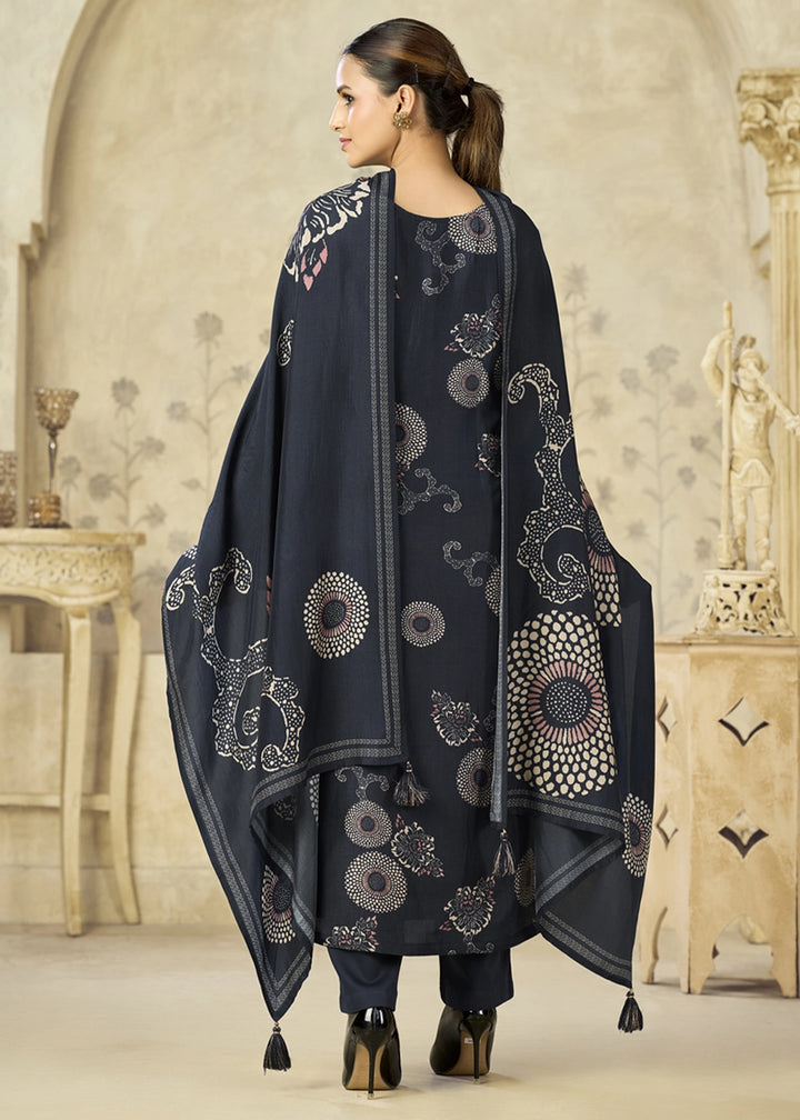 Space Blue Printed Viscose Straight Kurta Set : Summer Edit